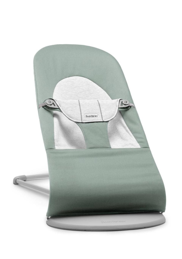 BabyBjorn — Крісло-шезлонг Bouncer Balance Soft Cotton/Jersey, Light sage/Grey (світло-сіра рама)