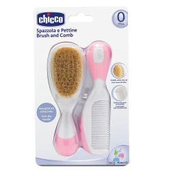 Chicco Набір:щітка натуральна + гребінець (0-12 м) рожевий