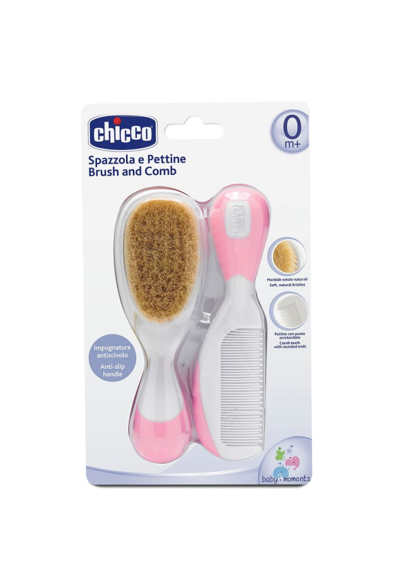 Chicco Набір:щітка натуральна + гребінець (0-12 м) рожевий