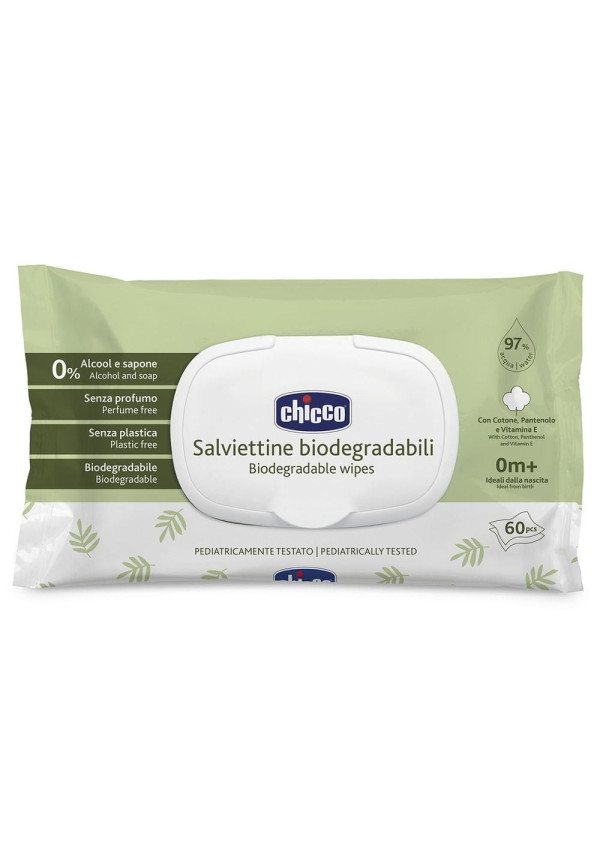 Chicco Вологі серветки з пантенолом та вітаміном Е біорозкладні 60 шт.