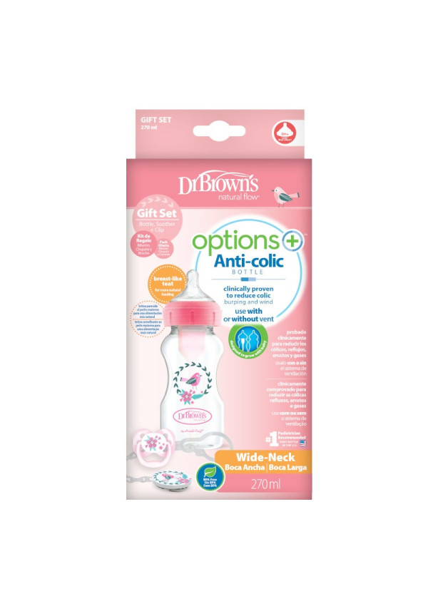 Dr. Browns Подарунковий комплект: пляшечка для годування з широким горлечком Options+ 270 мл + пустушка з кліпсою, колір рожевий