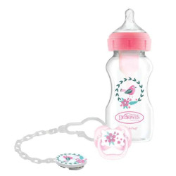 Dr. Browns Подарунковий комплект: пляшечка для годування з широким горлечком Options+ 270 мл + пустушка з кліпсою, колір рожевий