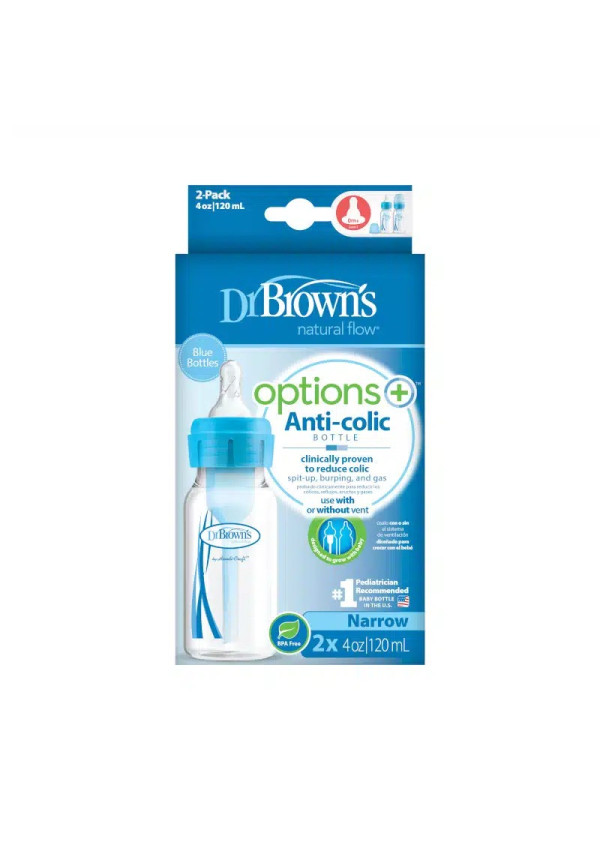 Dr. Browns Дитяча пляшечка для годування з вузьким горлечком Options+, 120 мл, колір блакитний, 2 шт. в упаковці