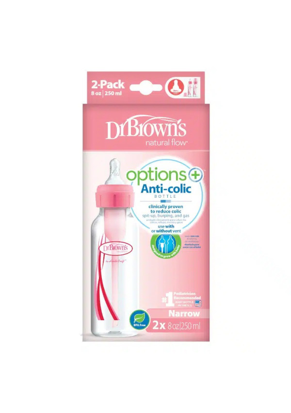 Dr. Browns Дитяча пляшечка для годування з вузьким горлечком Options+, 250 мл, колір рожевий, 2 шт. в упаковці