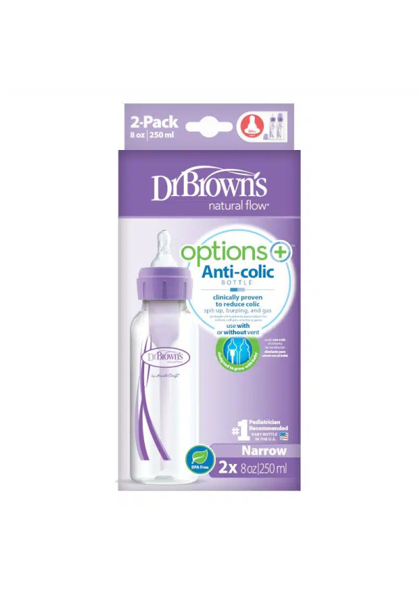 Dr. Browns Дитяча пляшечка для годування з вузьким горлечком Options+, 250 мл, колір фіолетовий, 2 шт. в упаковці