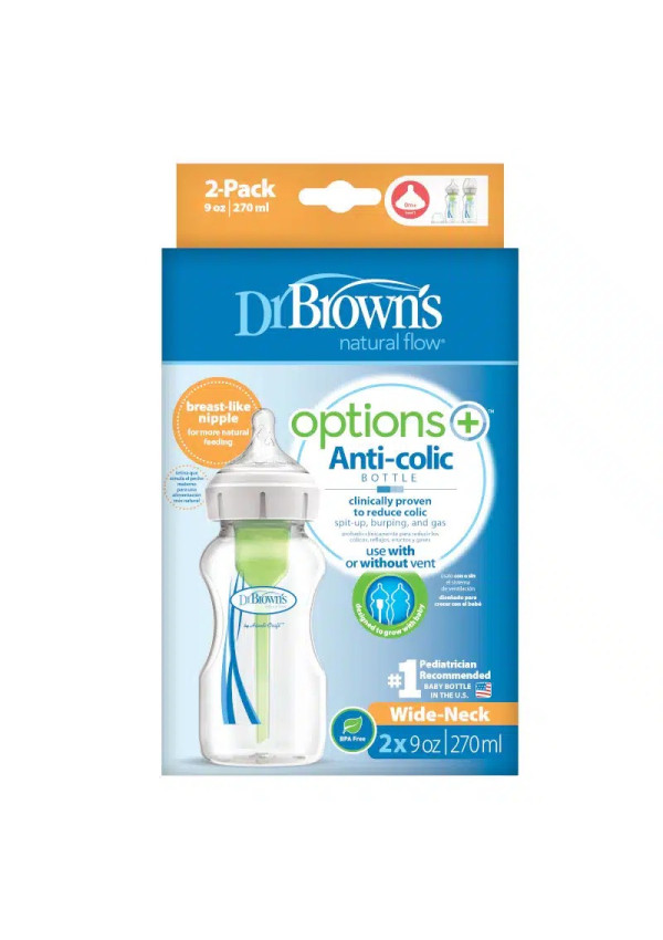 Dr. Browns Антиколікова пляшечка для годування з широким горлечком Options+, 270 мл, 2 шт. в упаковці