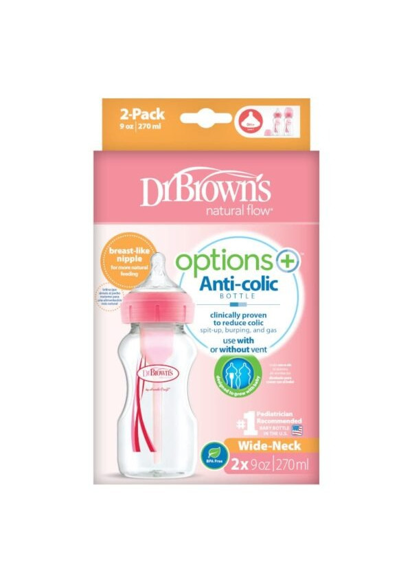 Dr. Browns Антиколікова пляшечка для годування з широким горлечком Options+, 270 мл, колір рожевий, 2 шт. в упаковці