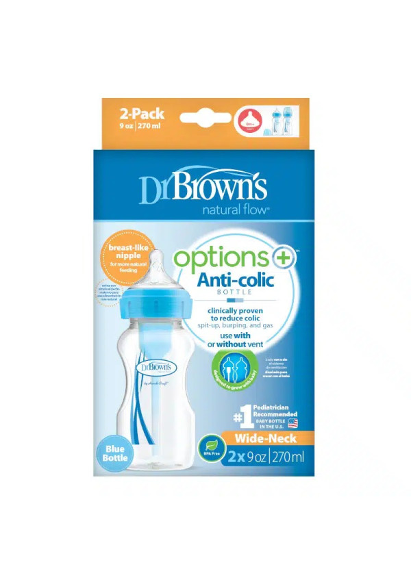 Dr. Browns Антиколікова пляшечка для годування з широким горлечком Options+, 270 мл, колір блакитний, 2 шт. в упаковці