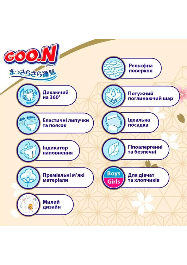 Підгузки Goo.N Premium Soft для дітей (розмір 2(S), 3-6 кг, 70 шт)