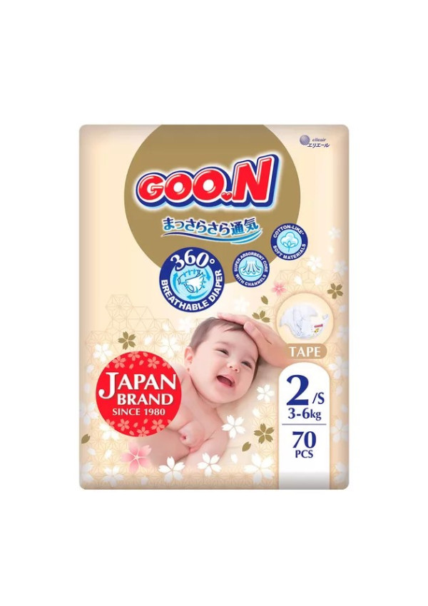 Підгузки Goo.N Premium Soft для дітей (розмір 2(S), 3-6 кг, 70 шт)