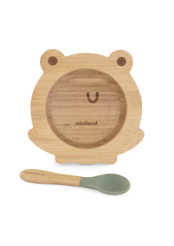 Бамбукова тарілка на присосці з ложкою Miniland Wooden Bowl Frog